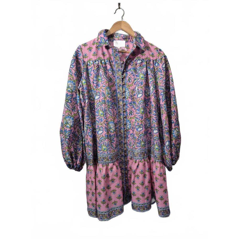 Fancy Ladies Pink Blue Floral Motif Print Shift Style Mini Dress Gold Button Fro